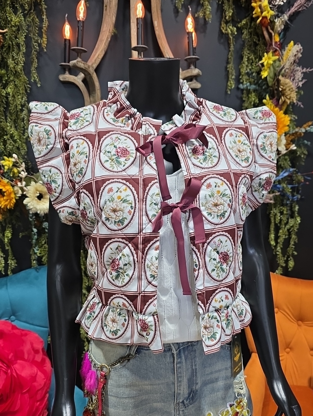 &Merci Floral Medallion Ruffle Tie-Front Vest in Burgundy